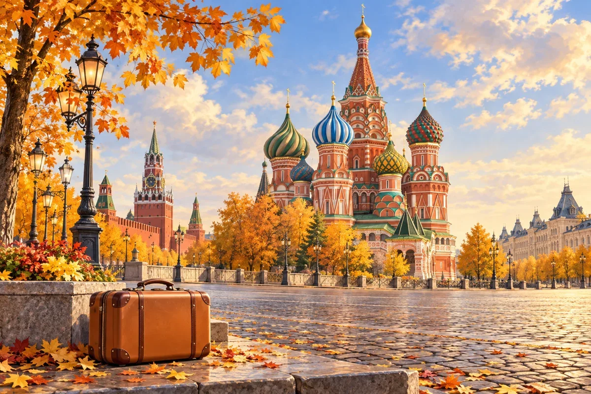 Тематическая иллюстрация туристической поездки в Россию: осенняя Москва и дорожный чемодан